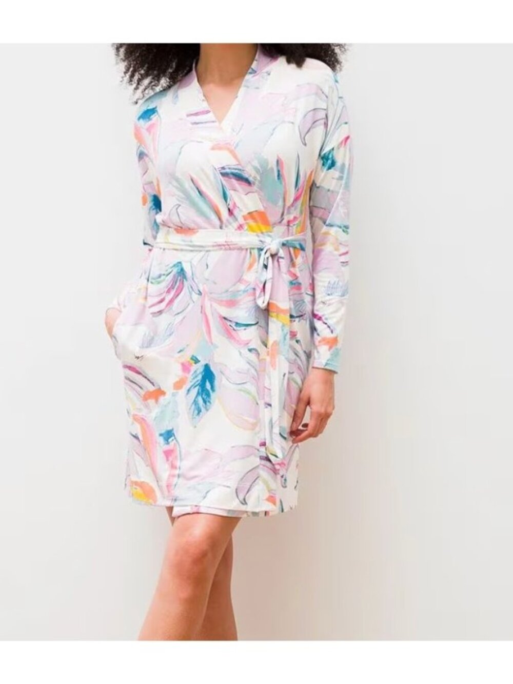 SOMA Cool Nights Short Robe size large multi-colored jersey stretchy belted